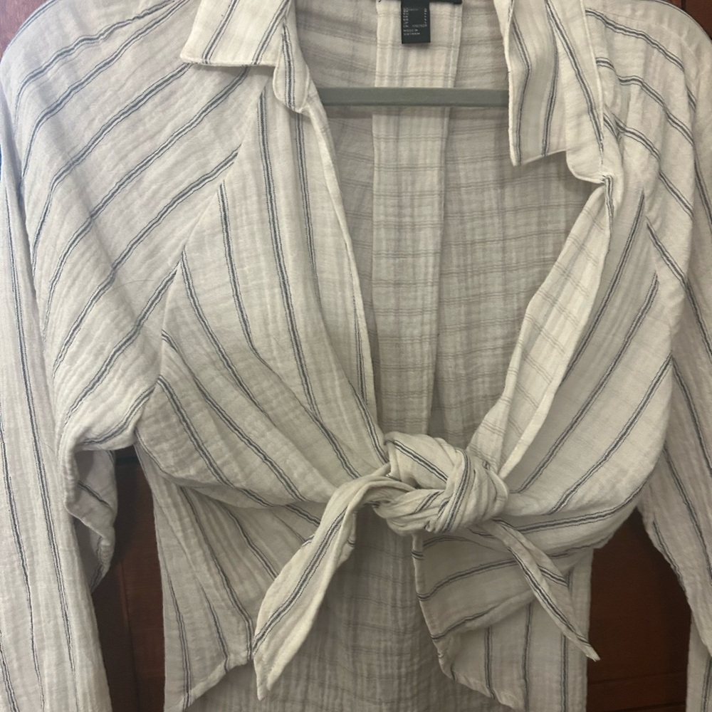 Forever 21 Cream and Black Striped Tie-Front Blouse